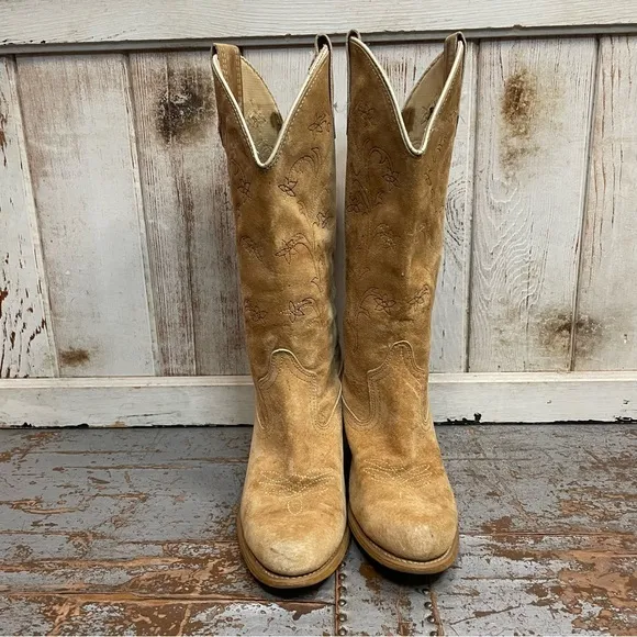 Vintage Suede Leather Embroidered Western Cowboy Boots
