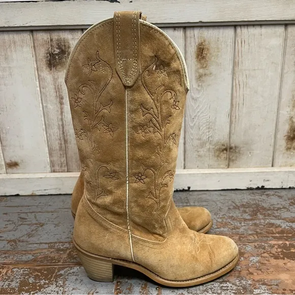 Vintage Suede Leather Embroidered Western Cowboy Boots