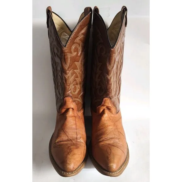 Vintage Tan Brown Cowboy Leather Western Boots Mens Size 11 D Rodeo Farm Pull On