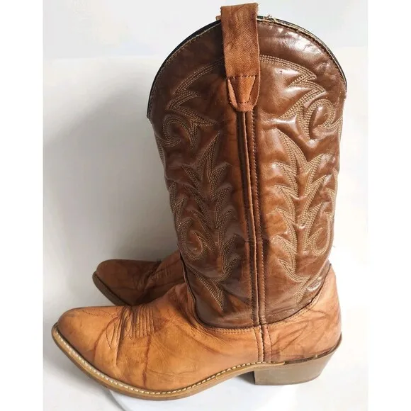 Vintage Tan Brown Cowboy Leather Western Boots Mens Size 11 D Rodeo Farm Pull On