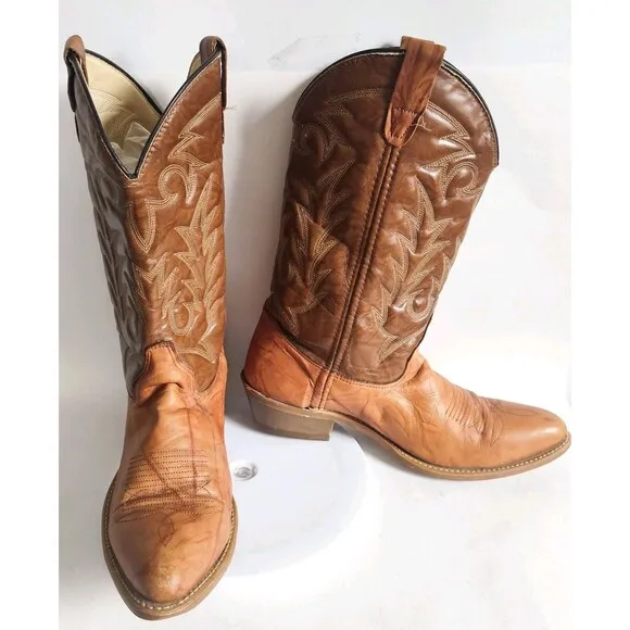 Vintage Tan Brown Cowboy Leather Western Boots Mens Size 11 D Rodeo Farm Pull On