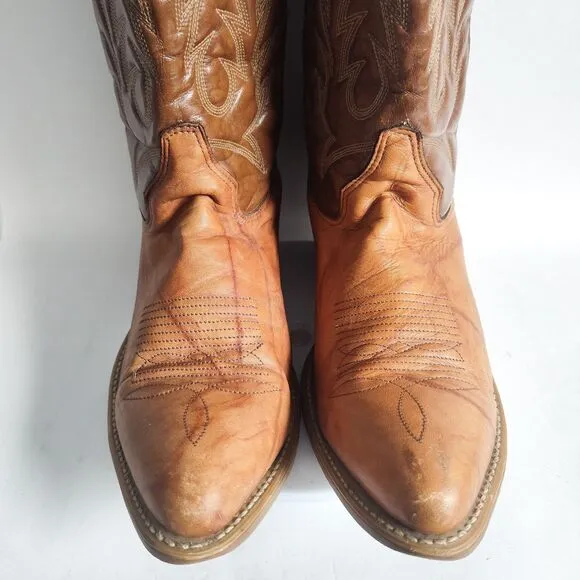 Vintage Tan Brown Cowboy Leather Western Boots Mens Size 11 D Rodeo Farm Pull On