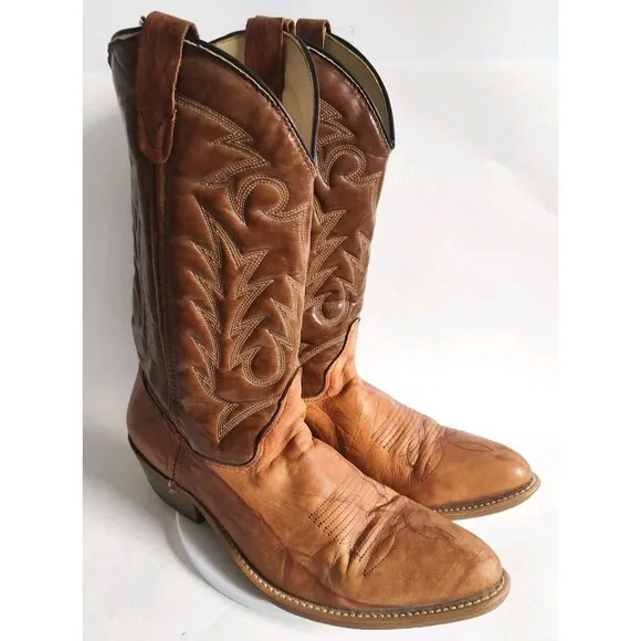 Vintage Tan Brown Cowboy Leather Western Boots Mens Size 11 D Rodeo Farm Pull On