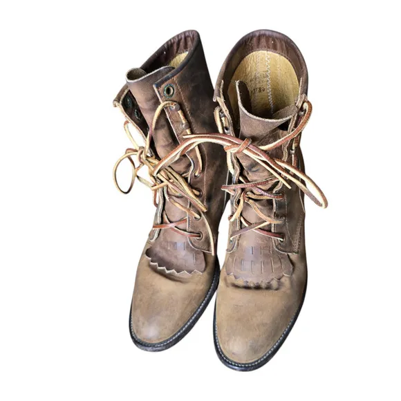 Vintage Tan Brown Leather Kilted Ankle Lace Up Boots Size 6 Justin distressed