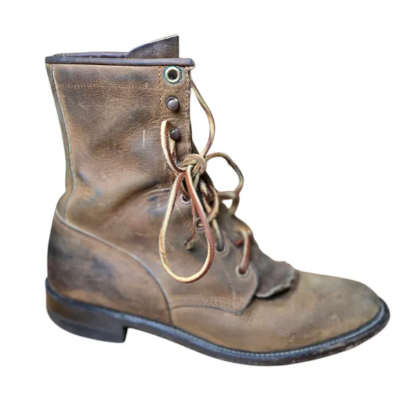 Vintage Tan Brown Leather Kilted Ankle Lace Up Boots Size 6 Justin distressed