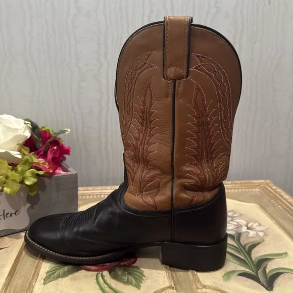 Vintage Tony Lama Black Brown Leather Cowboy Boots Sz 8.5 B