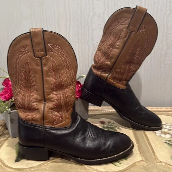Vintage Tony Lama Black Brown Leather Cowboy Boots Sz 8.5 B
