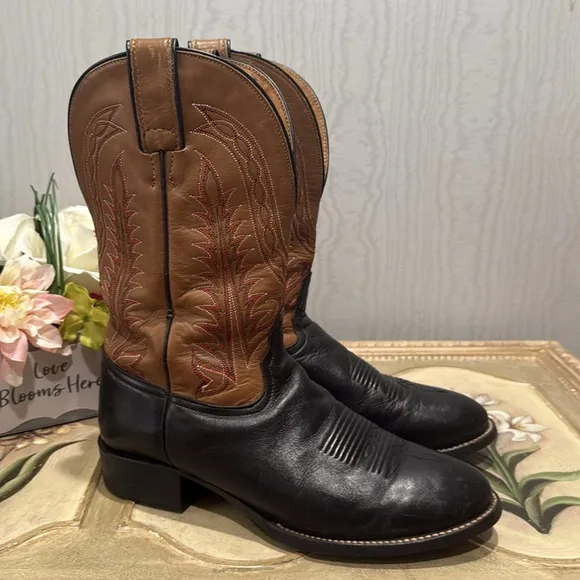 Vintage Tony Lama Black Brown Leather Cowboy Boots Sz 8.5 B