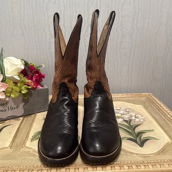 Vintage Tony Lama Black Brown Leather Cowboy Boots Sz 8.5 B