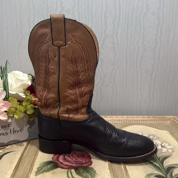 Vintage Tony Lama Black Brown Leather Cowboy Boots Sz 8.5 B