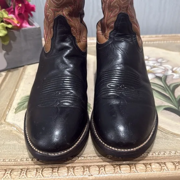 Vintage Tony Lama Black Brown Leather Cowboy Boots Sz 8.5 B