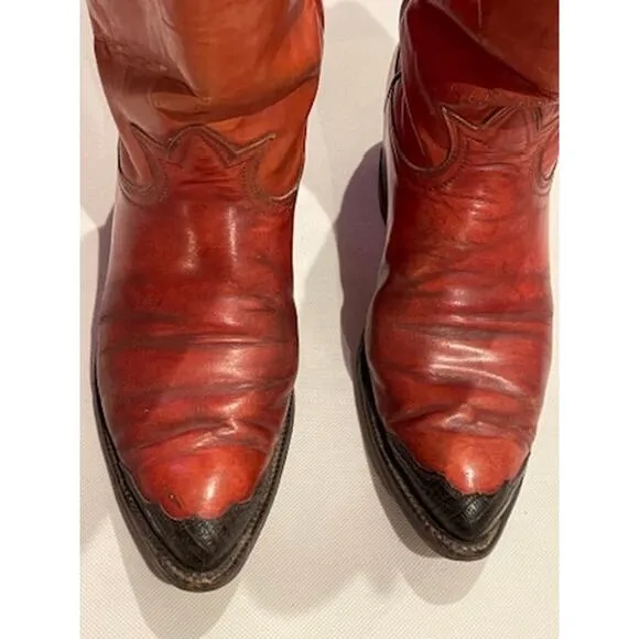 Vintage Tony Lama Black Label Cowboy Boots Leather Toe Detail