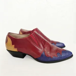 Vintage Western Colorful Cowboy 9 West Red Blue Yellow Leather Boots, 8