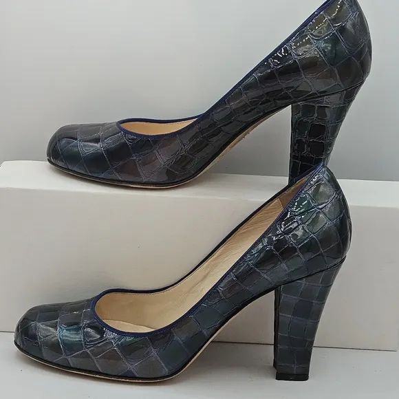 Vintage Y2K 90s Anne Klein Italian blue/green crocodile leather 3.5&quot; heels 8.5