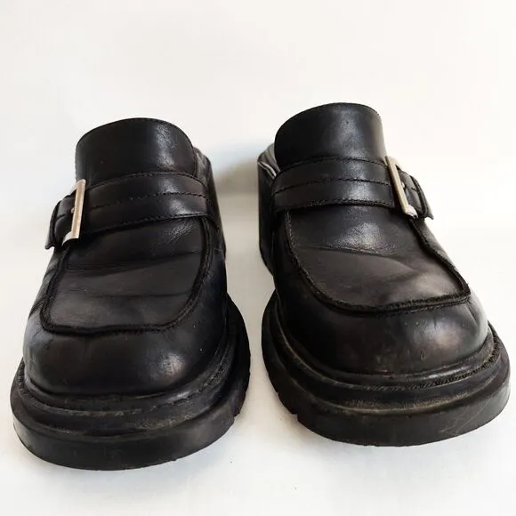 Vintage Y2K Mia Lark Chunky Leather Mules Black Heels Shoes Size 8.5 Buckle