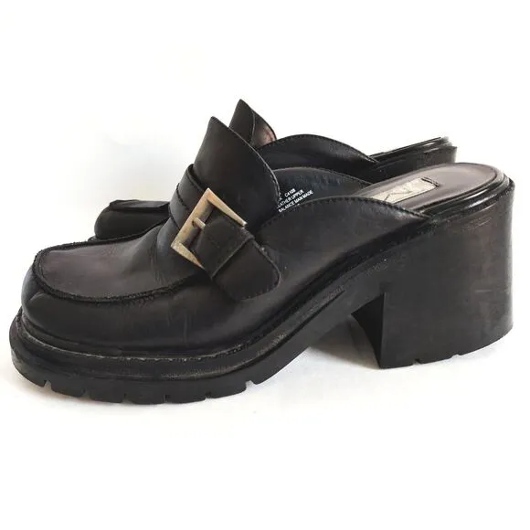 Vintage Y2K Mia Lark Chunky Leather Mules Black Heels Shoes Size 8.5 Buckle
