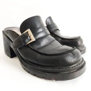 Vintage Y2K Mia Lark Chunky Leather Mules Black Heels Shoes Size 8.5 Buckle