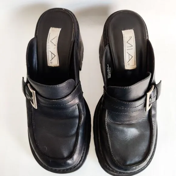 Vintage Y2K Mia Lark Chunky Leather Mules Black Heels Shoes Size 8.5 Buckle