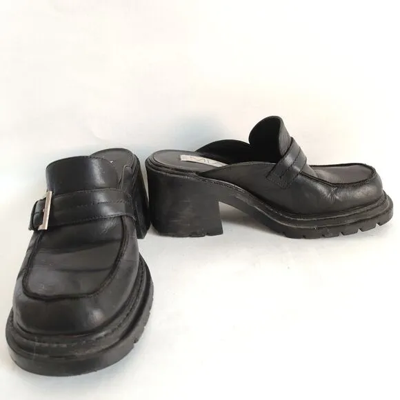 Vintage Y2K Mia Lark Chunky Leather Mules Black Heels Shoes Size 8.5 Buckle