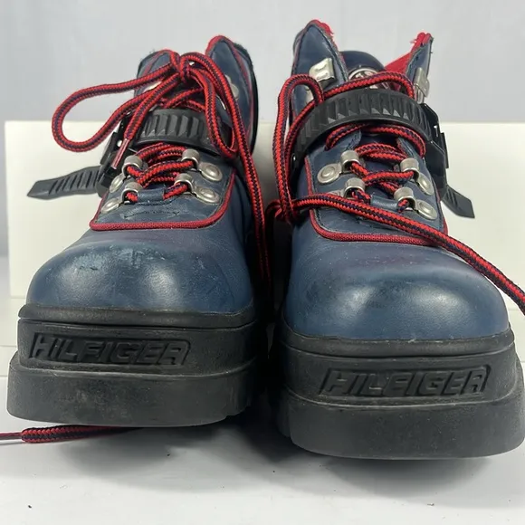 Vintage Y2K Tommy Hilfiger Navy Blue Chunky Leather Boots Lug Sole.