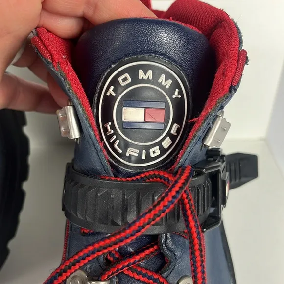Vintage Y2K Tommy Hilfiger Navy Blue Chunky Leather Boots Lug Sole.