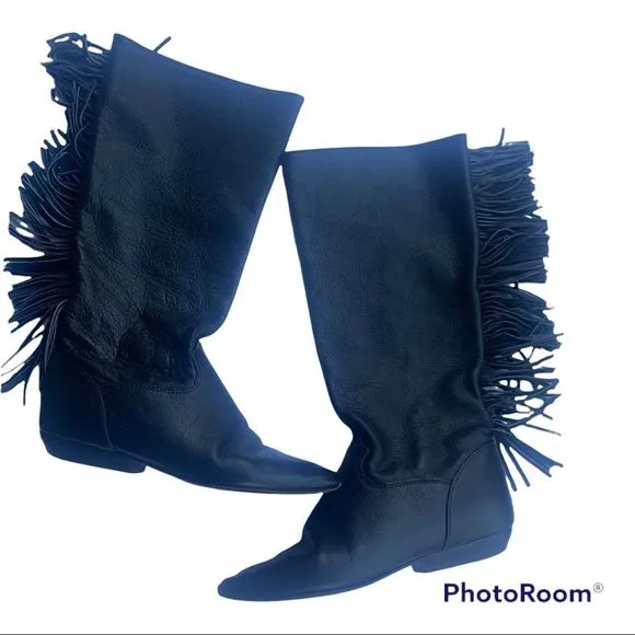 Vintage Zodiac western Fringe Cowboy Boots Black Leather