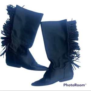 Vintage Zodiac western Fringe Cowboy Boots Black Leather