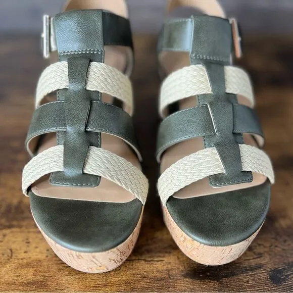 Violet &amp; Red Capree Woven Braid Wedge Platform Sandals in Olive, Size 7. NWT!