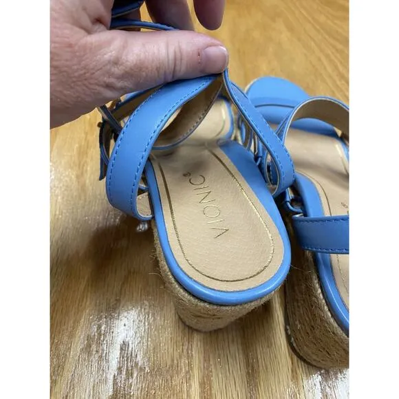 Vionic Sabina Wedge Sandals Women's 6.5 M Blue Leather Platform Ankle Strap S64