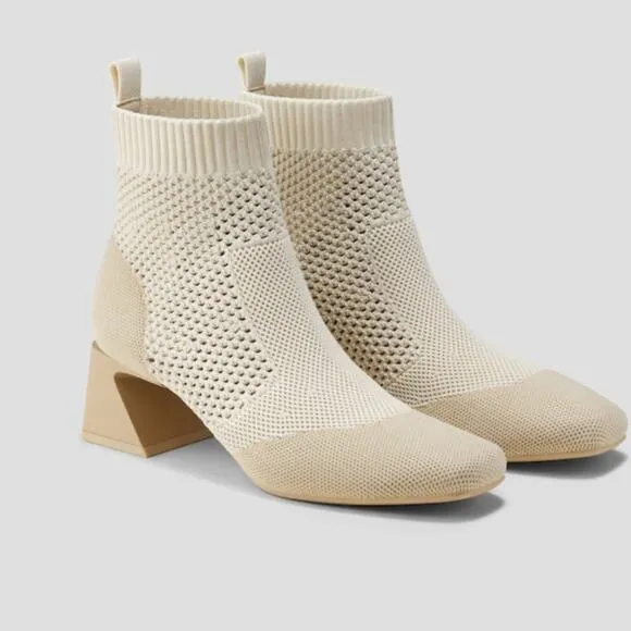 Vivaia Melissa Square-Toe Perforated Heeled Sock Boots Cream Ivory