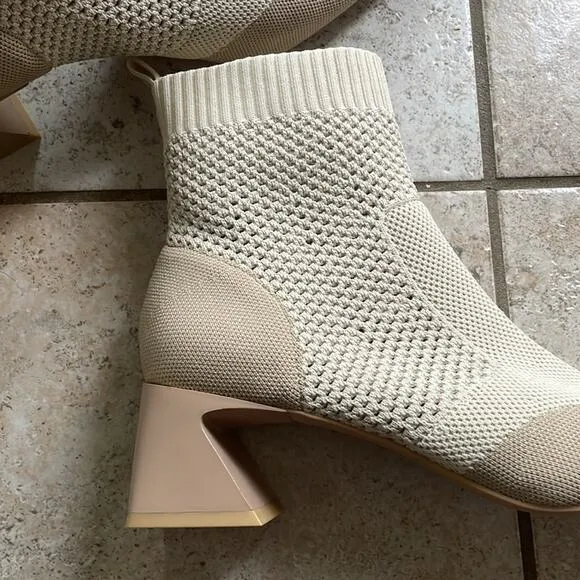 Vivaia Melissa Square-Toe Perforated Heeled Sock Boots Cream Ivory