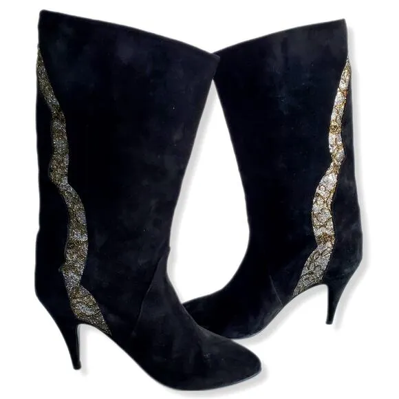 VTG 80s Polly Bergen Black Glitter Suede Boots 8 Heels Italy Glam Slouch Sparkle