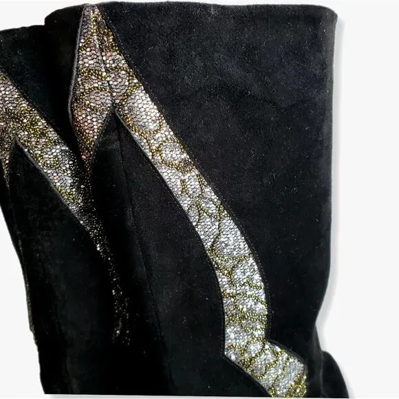 VTG 80s Polly Bergen Black Glitter Suede Boots 8 Heels Italy Glam Slouch Sparkle