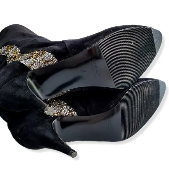 VTG 80s Polly Bergen Black Glitter Suede Boots 8 Heels Italy Glam Slouch Sparkle
