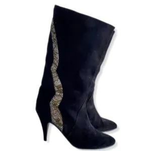 VTG 80s Polly Bergen Black Glitter Suede Boots 8 Heels Italy Glam Slouch Sparkle