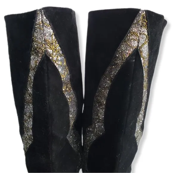 VTG 80s Polly Bergen Black Glitter Suede Boots 8 Heels Italy Glam Slouch Sparkle