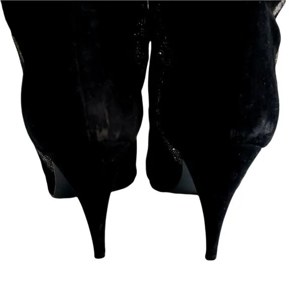 VTG 80s Polly Bergen Black Glitter Suede Boots 8 Heels Italy Glam Slouch Sparkle