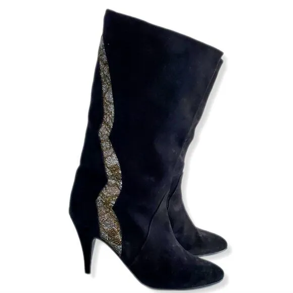 VTG 80s Polly Bergen Black Glitter Suede Boots 8 Heels Italy Glam Slouch Sparkle