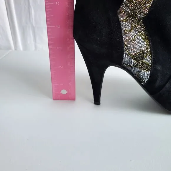 VTG 80s Polly Bergen Black Glitter Suede Boots 8 Heels Italy Glam Slouch Sparkle
