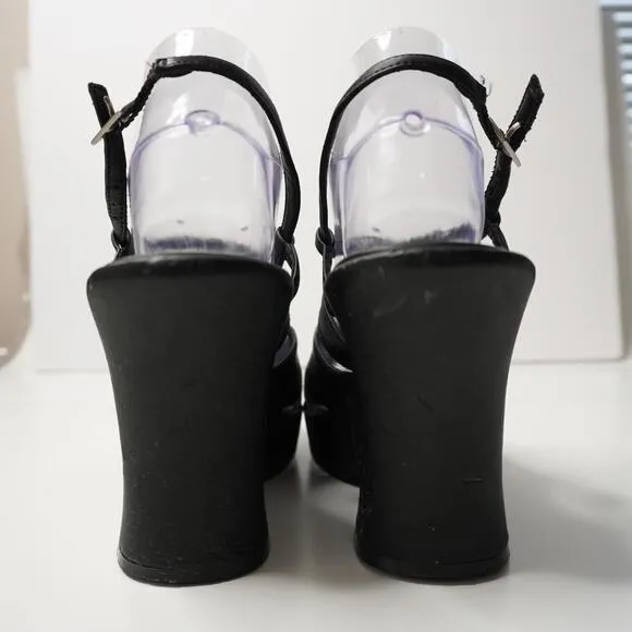 VTG 90s Black Block Heels Strappy Y2K Retro Shoes Sz 7 Vintage Prom Sandals SEE