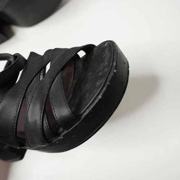 VTG 90s Black Block Heels Strappy Y2K Retro Shoes Sz 7 Vintage Prom Sandals SEE
