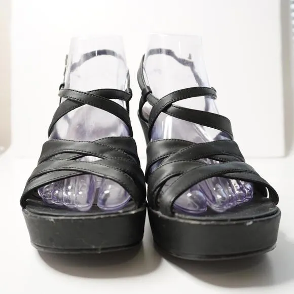VTG 90s Black Block Heels Strappy Y2K Retro Shoes Sz 7 Vintage Prom Sandals SEE