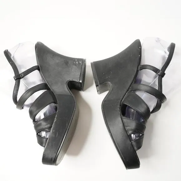 VTG 90s Black Block Heels Strappy Y2K Retro Shoes Sz 7 Vintage Prom Sandals SEE