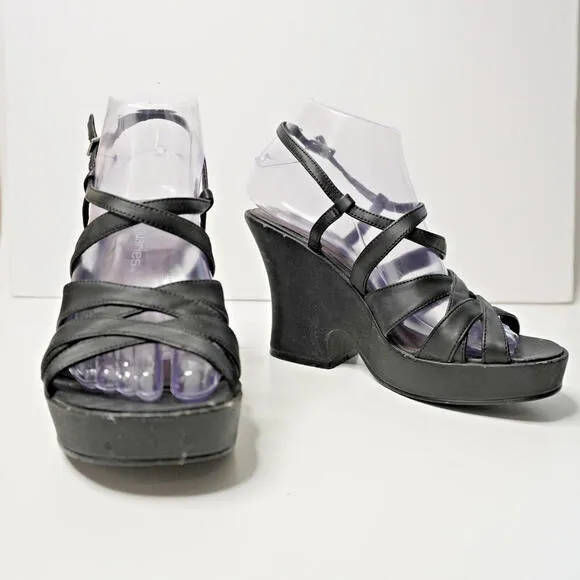 VTG 90s Black Block Heels Strappy Y2K Retro Shoes Sz 7 Vintage Prom Sandals SEE