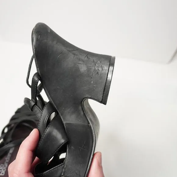 VTG 90s Black Block Heels Strappy Y2K Retro Shoes Sz 7 Vintage Prom Sandals SEE