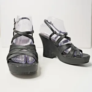 VTG 90s Black Block Heels Strappy Y2K Retro Shoes Sz 7 Vintage Prom Sandals SEE