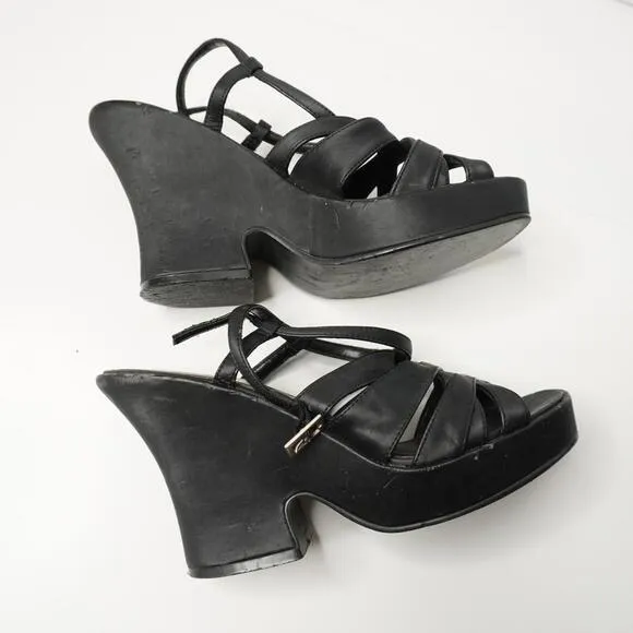 VTG 90s Black Block Heels Strappy Y2K Retro Shoes Sz 7 Vintage Prom Sandals SEE