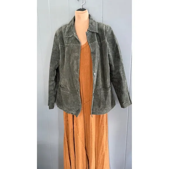 Vtg Green Suede Jacket M Western Y2K Stitch Detail Boho Chic Cowgirl Ranchwear