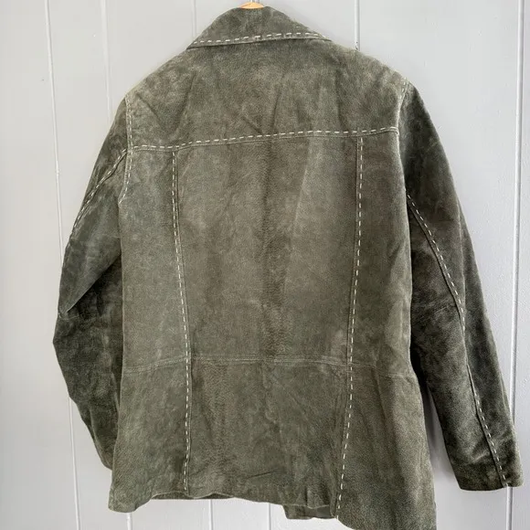 Vtg Green Suede Jacket M Western Y2K Stitch Detail Boho Chic Cowgirl Ranchwear