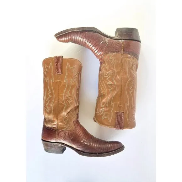Vtg JUSTIN Brown Lizard Leather Cowboy Boots Sz 9 Men's 9031 Western Exotic
